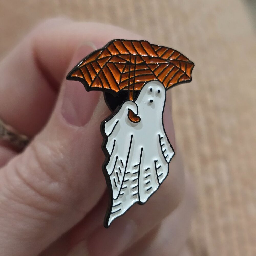 Enamel Pin ✦ Ghost w/ Umbrella ✦ Kawaii Halloween Rain Charm Soft Orange White